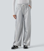 High Waisted Drawstring Side Stripe Stretchy PU Fleece Wide Leg Trousers with Pockets — Cloud Drift — view 1