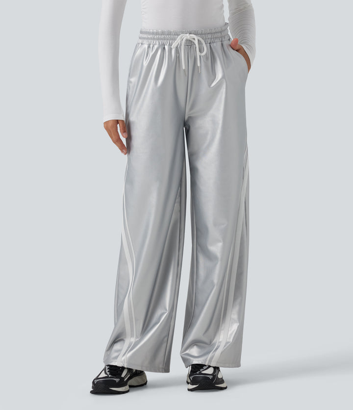High Waisted Drawstring Side Stripe Stretchy PU Fleece Wide Leg Trousers with Pockets — Cloud Drift — view 1