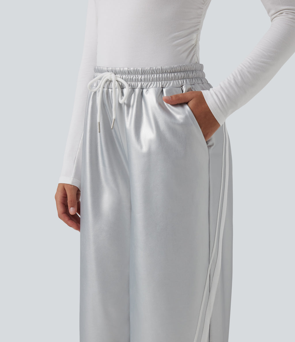 High Waisted Drawstring Side Stripe Stretchy PU Fleece Wide Leg Trousers with Pockets — Cloud Drift — view 4