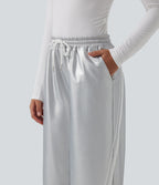 High Waisted Drawstring Side Stripe Stretchy PU Fleece Wide Leg Trousers with Pockets — Cloud Drift — view 4