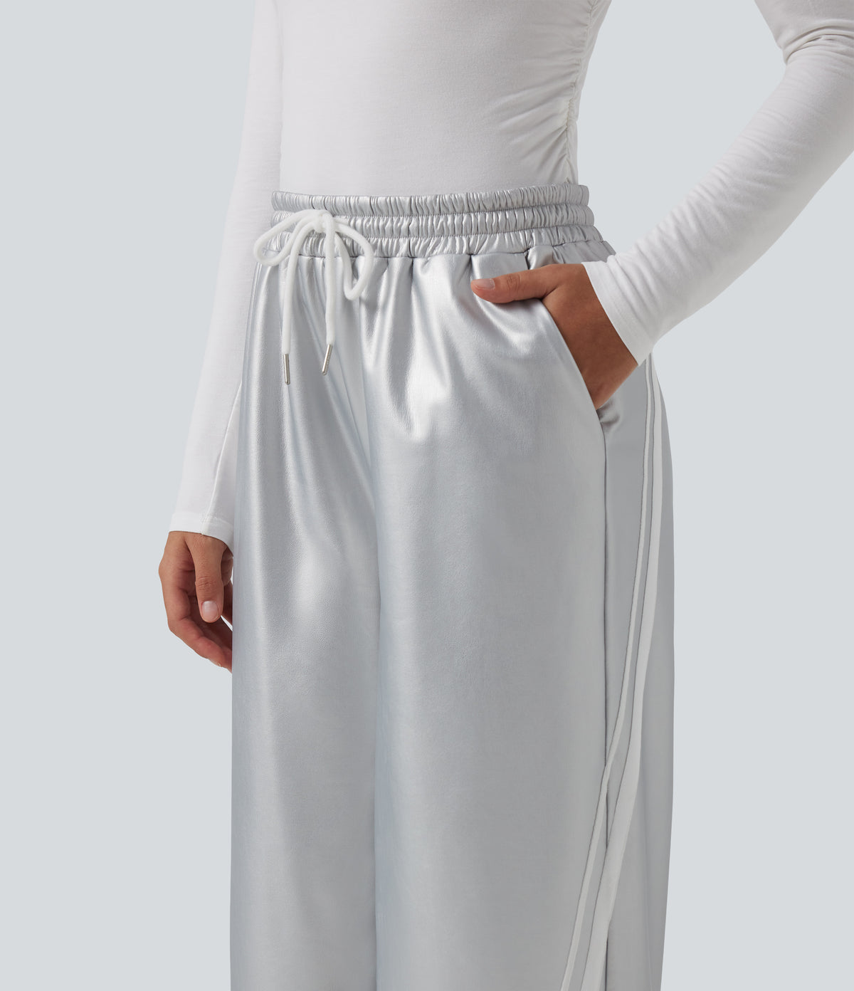 High Waisted Drawstring Side Stripe Stretchy PU Fleece Wide Leg Trousers with Pockets — Cloud Drift — view 4