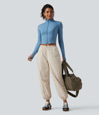 Durable Water Repellent Mid Rise Drawstring Barrel Leg Hiking Jogger with Pockets — Latte Beige — view 4