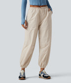 Durable Water Repellent Mid Rise Drawstring Barrel Leg Hiking Jogger with Pockets — Latte Beige — view 1