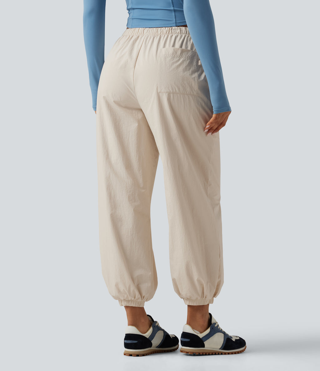 Durable Water Repellent Mid Rise Drawstring Barrel Leg Hiking Jogger with Pockets — Latte Beige — view 2