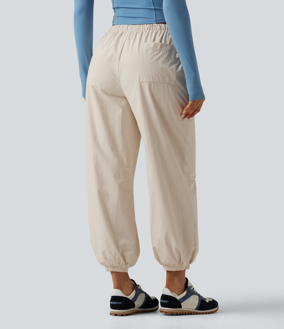 Durable Water Repellent Mid Rise Drawstring Barrel Leg Hiking Jogger with Pockets — Latte Beige — view 2
