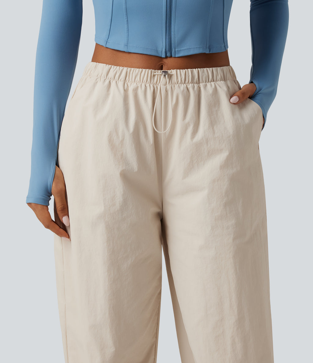 Durable Water Repellent Mid Rise Drawstring Barrel Leg Hiking Jogger with Pockets — Latte Beige — view 8