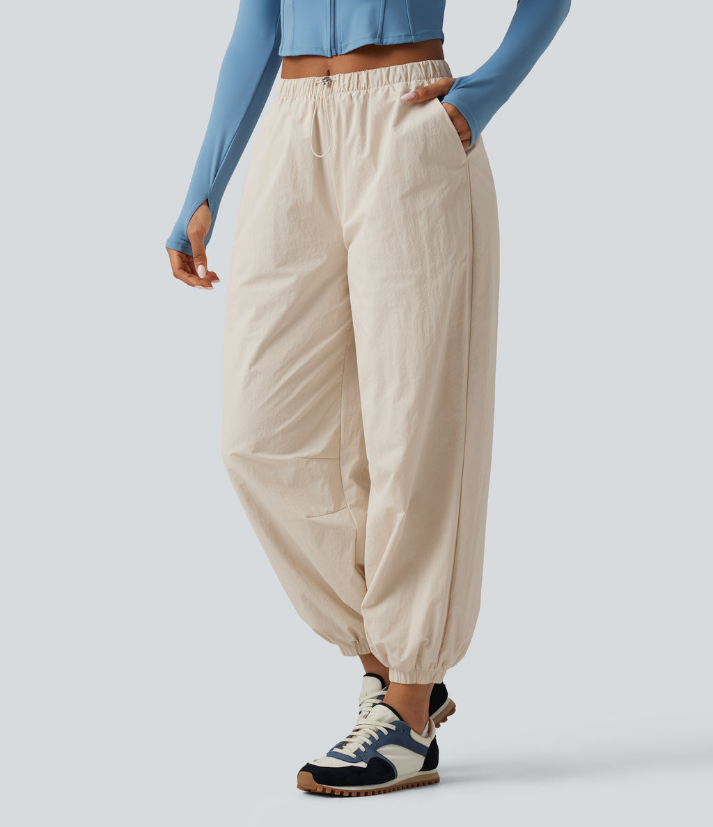 Durable Water Repellent Mid Rise Drawstring Barrel Leg Hiking Jogger with Pockets — Latte Beige — view 3
