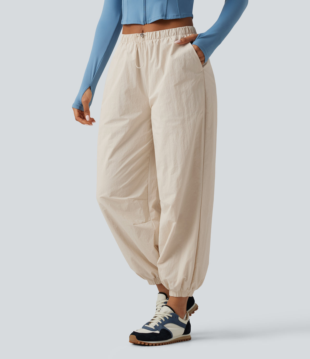 Durable Water Repellent Mid Rise Drawstring Barrel Leg Hiking Jogger with Pockets — Latte Beige — view 3