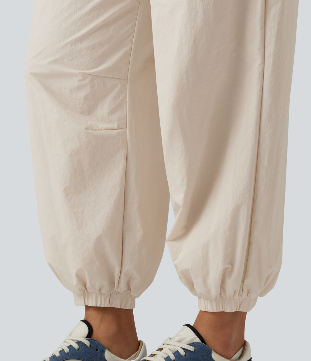Durable Water Repellent Mid Rise Drawstring Barrel Leg Hiking Jogger with Pockets — Latte Beige — view 7