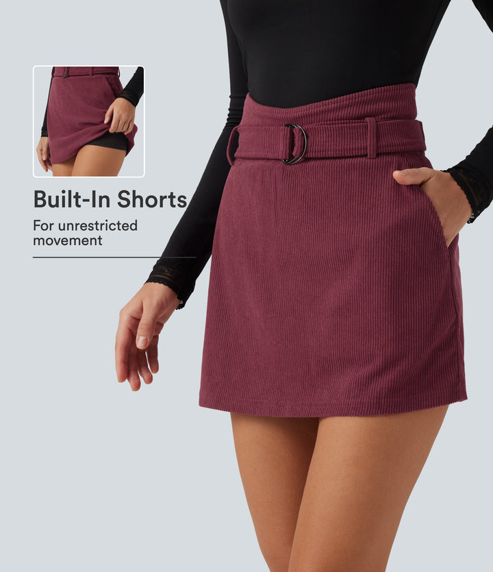 Super High Waisted A-Line Corduroy Casual Mini Skirt with Built-In Shorts and Pockets — Pomegranate — view 1