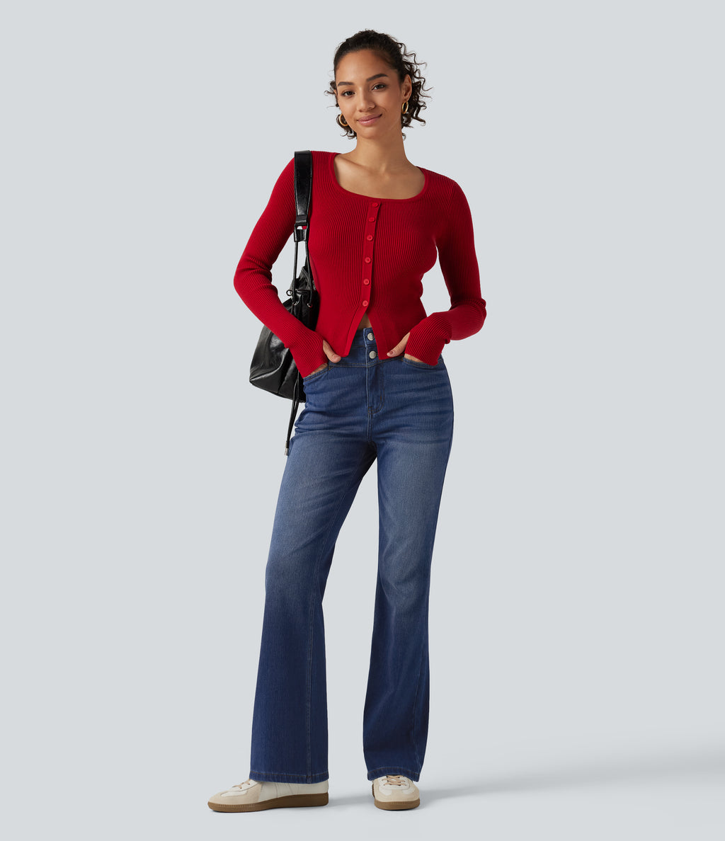 High Waisted Bootcut Jeans with Pockets — Tide Blue Denim — view 7