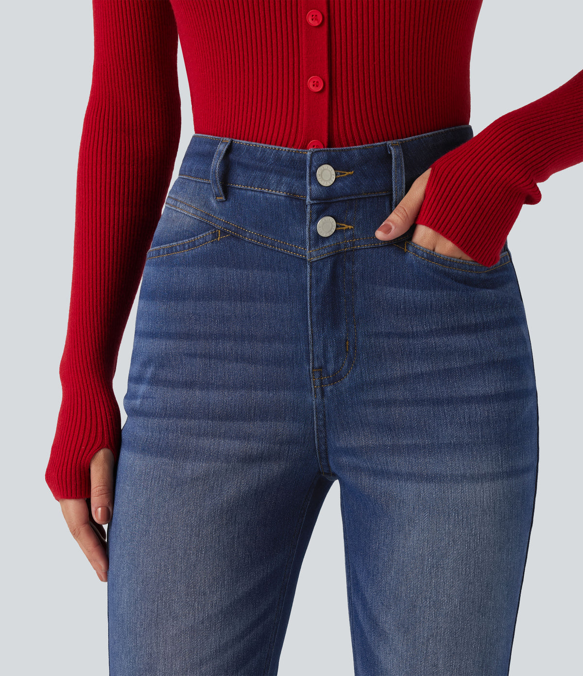 High Waisted Bootcut Jeans with Pockets — Tide Blue Denim — view 4