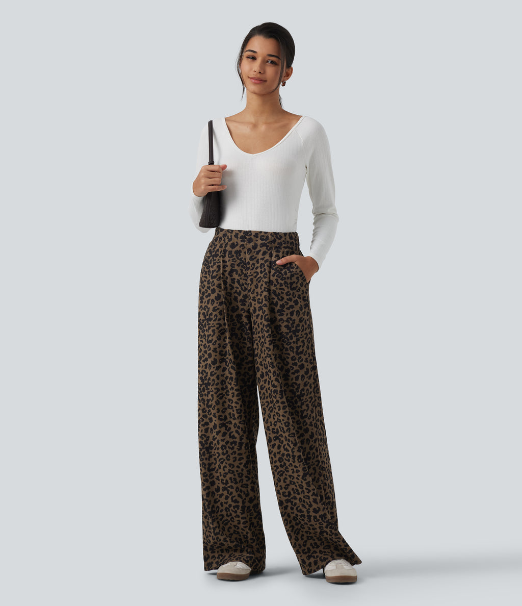 High Waisted Leopard Print Wide Leg Corduroy Casual Trousers with Pockets — Wildmark — view 6