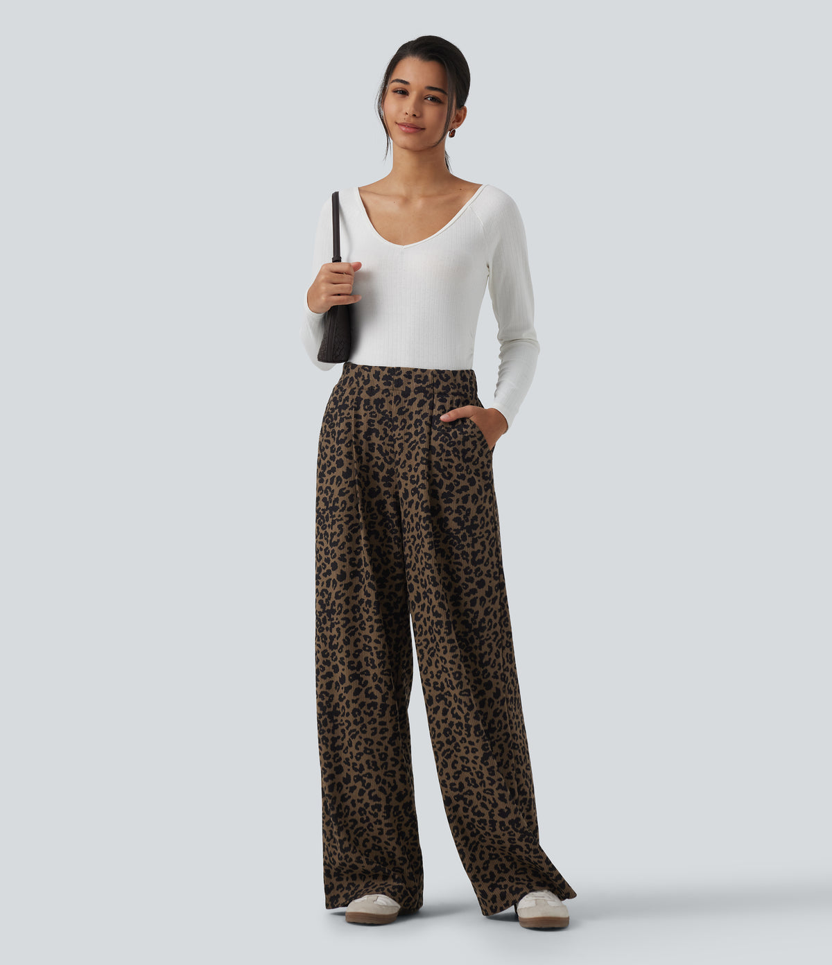 High Waisted Leopard Print Wide Leg Corduroy Casual Trousers with Pockets — Wildmark — view 6