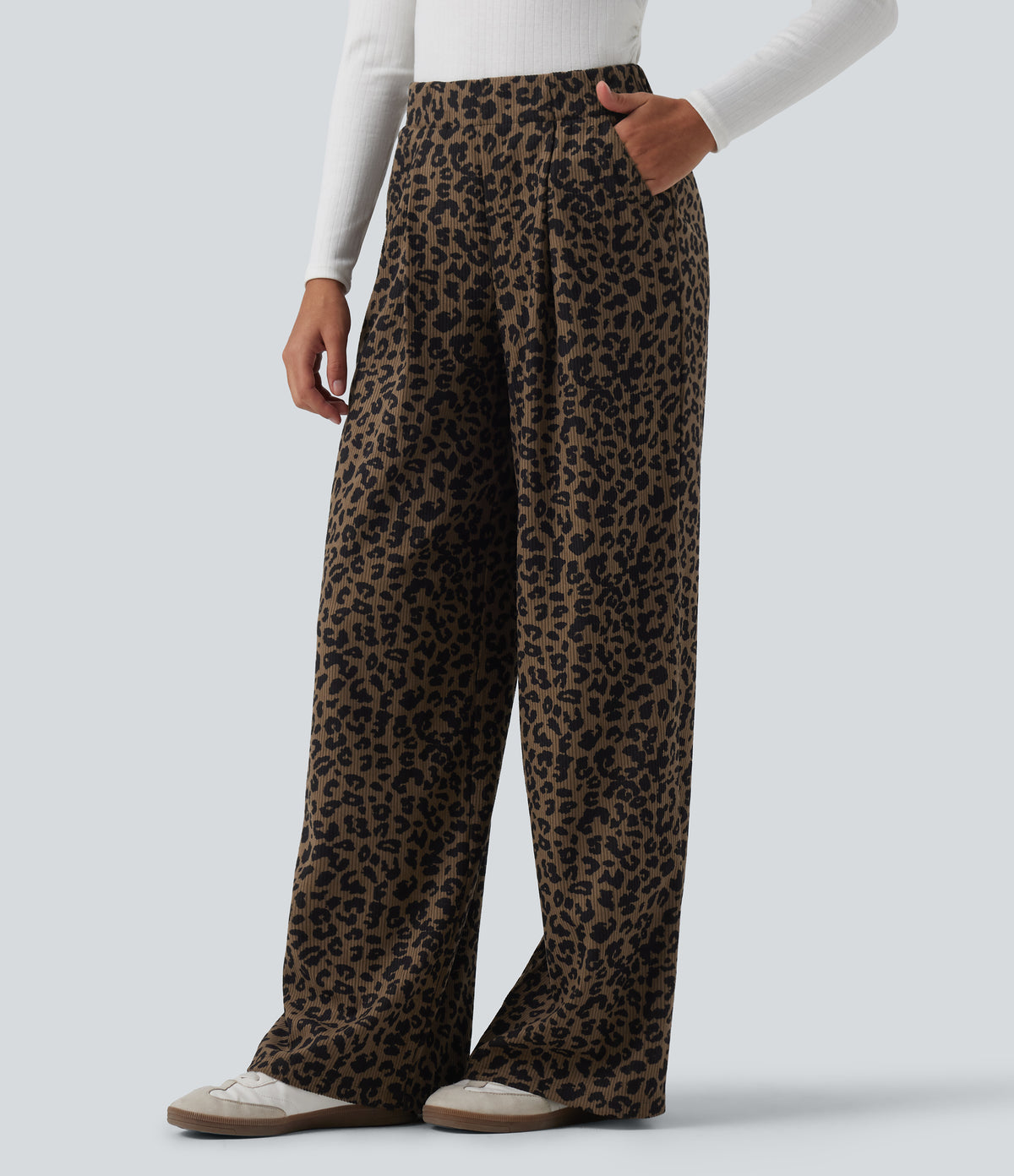 High Waisted Leopard Print Wide Leg Corduroy Casual Trousers with Pockets — Wildmark — view 3