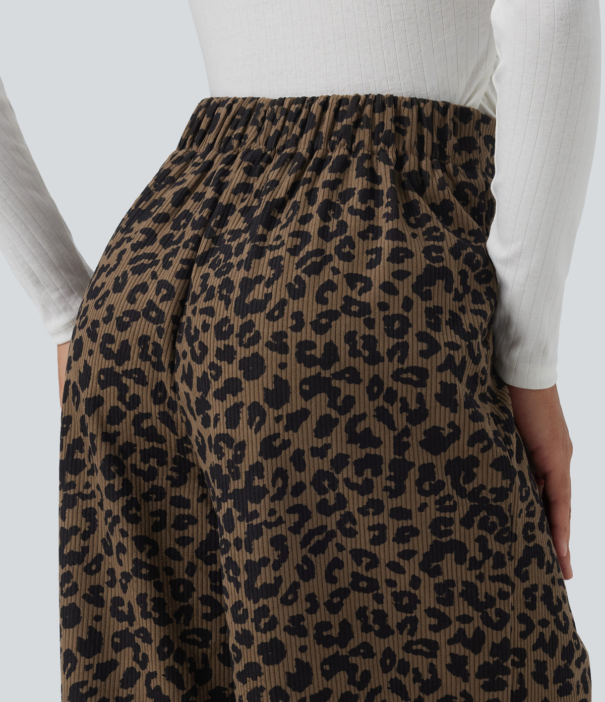 High Waisted Leopard Print Wide Leg Corduroy Casual Trousers with Pockets — Wildmark — view 4