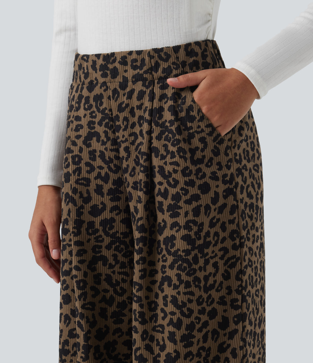 High Waisted Leopard Print Wide Leg Corduroy Casual Trousers with Pockets — Wildmark — view 5