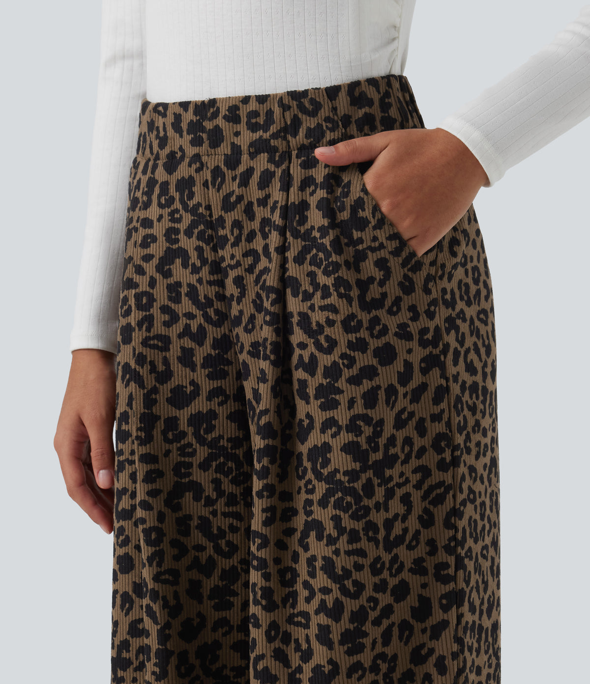 High Waisted Leopard Print Wide Leg Corduroy Casual Trousers with Pockets — Wildmark — view 5