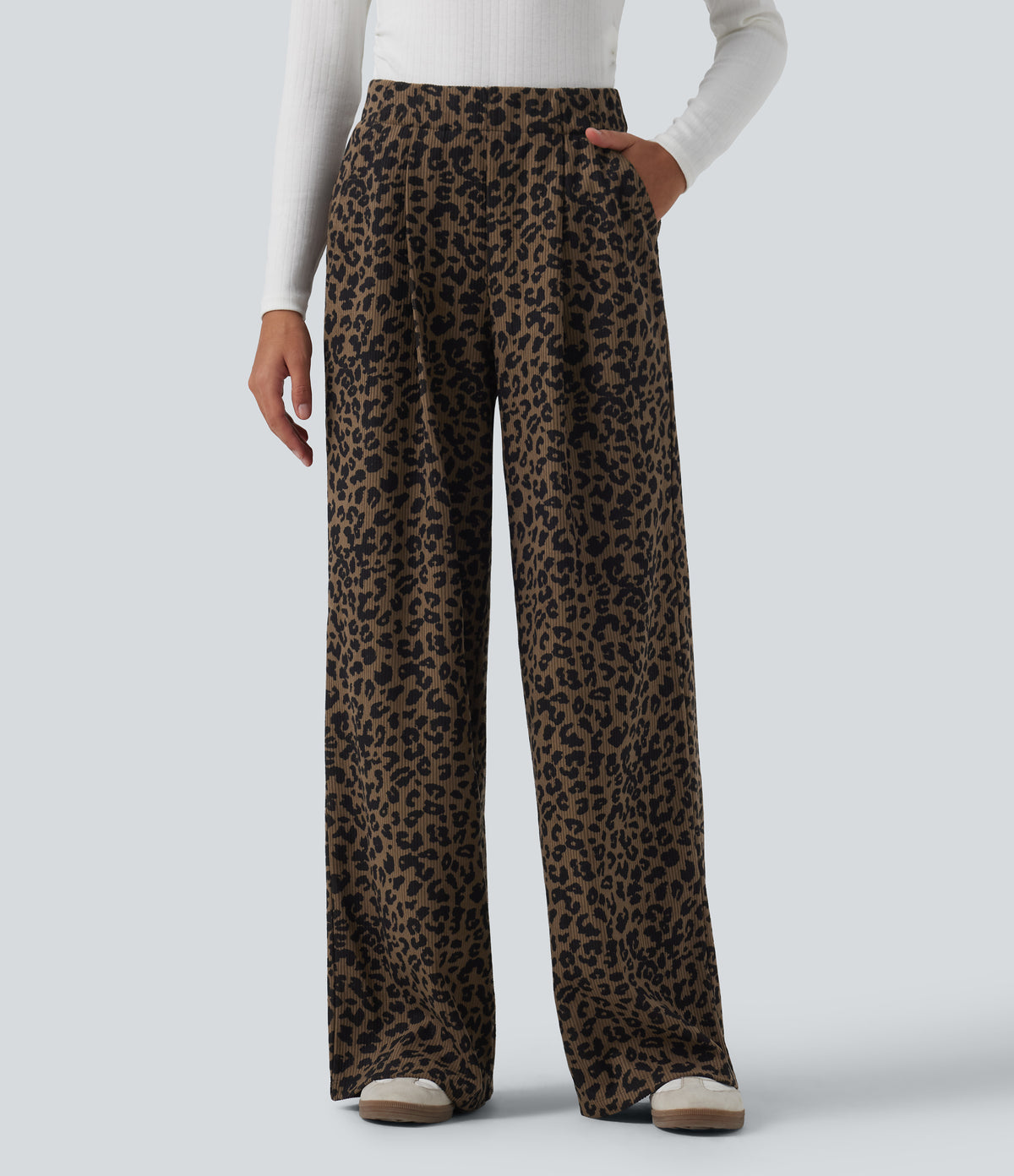 High Waisted Leopard Print Wide Leg Corduroy Casual Trousers with Pockets — Wildmark — view 1