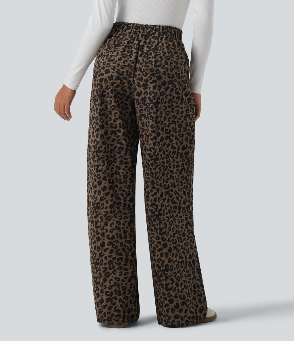 High Waisted Leopard Print Wide Leg Corduroy Casual Trousers with Pockets — Wildmark — view 2