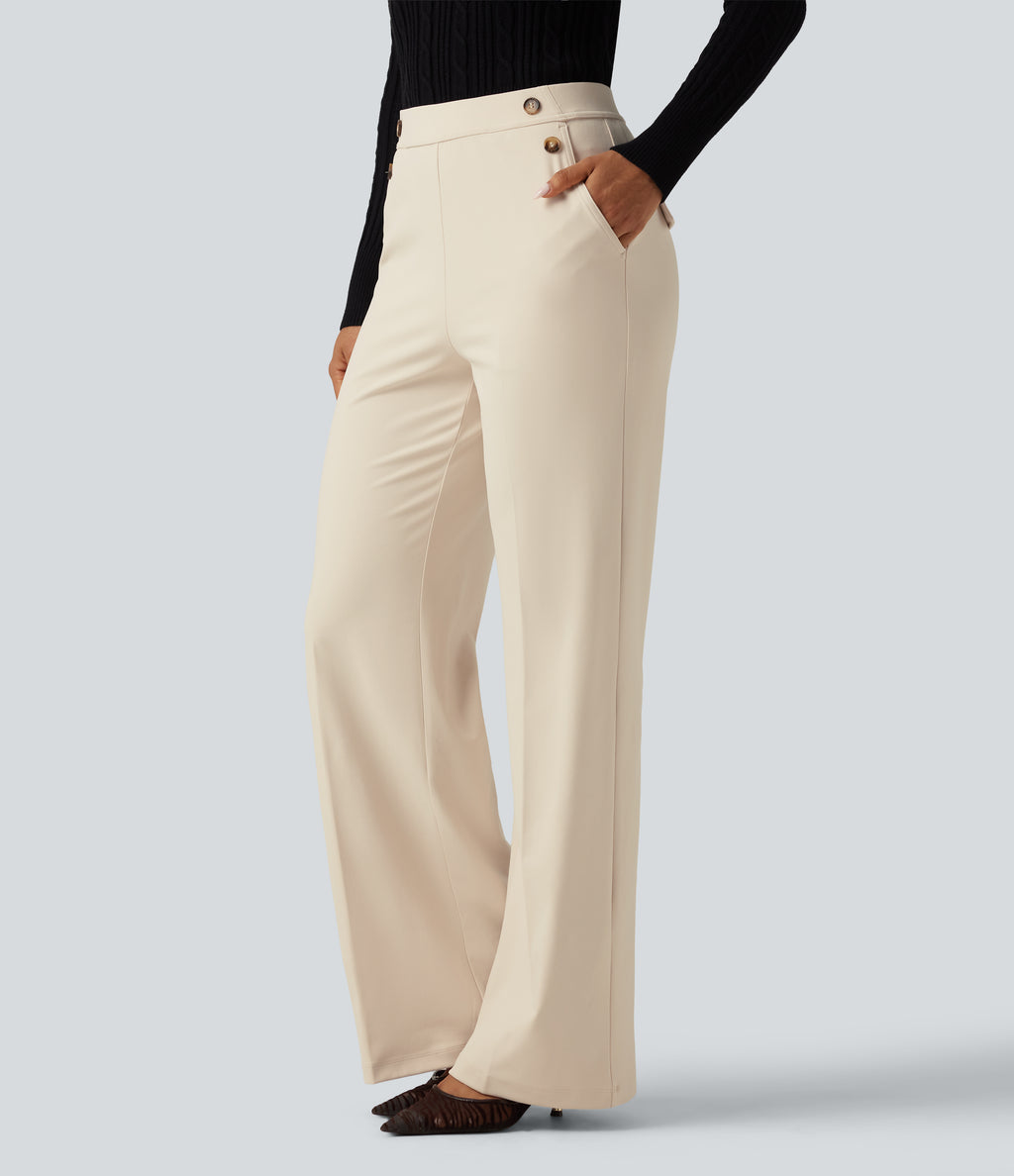 Wrinkle Recovery High Waisted Flare Work Trousers with Pockets — Oat Milk — view 1