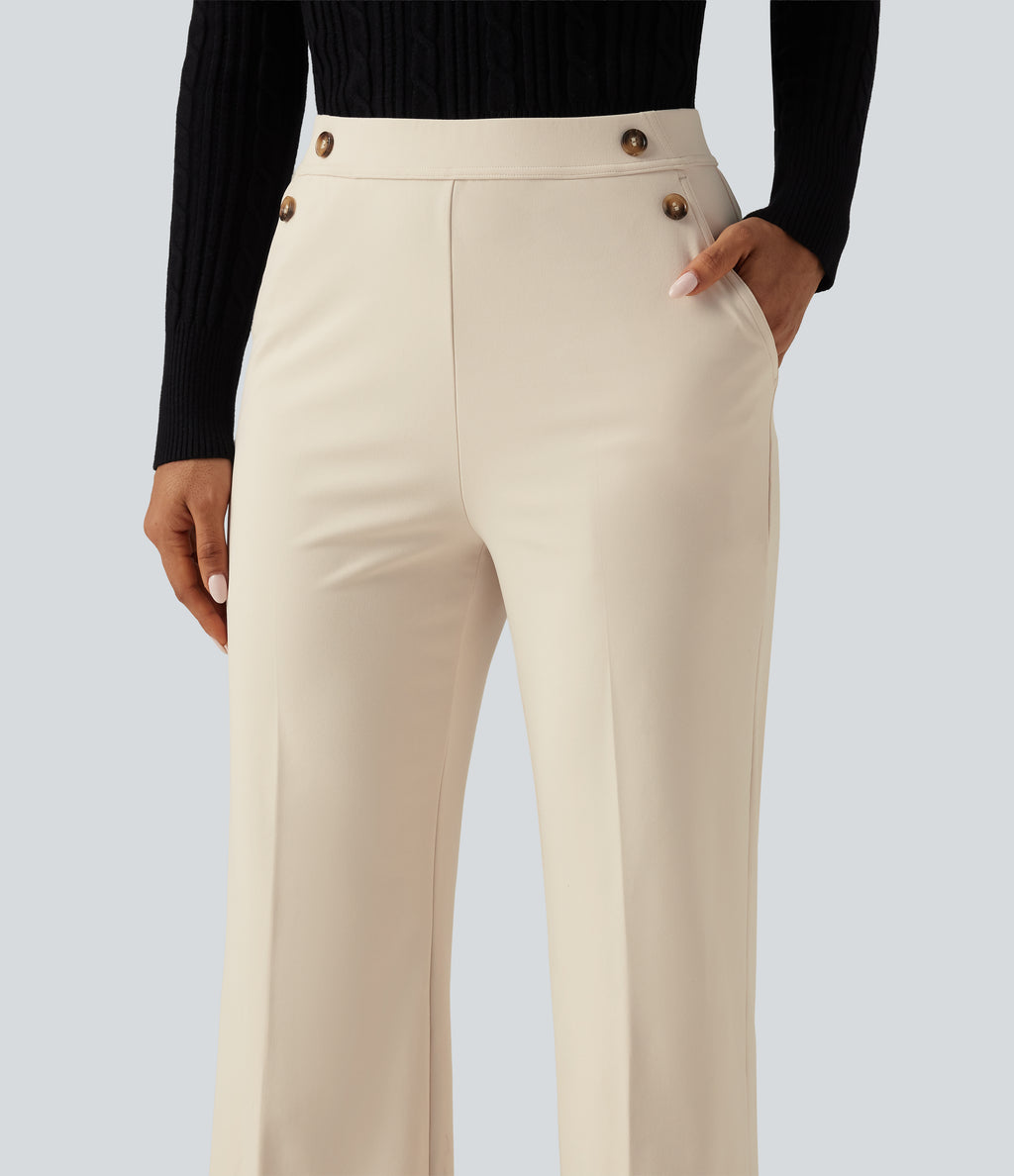 Wrinkle Recovery High Waisted Flare Work Trousers with Pockets — Oat Milk — view 5
