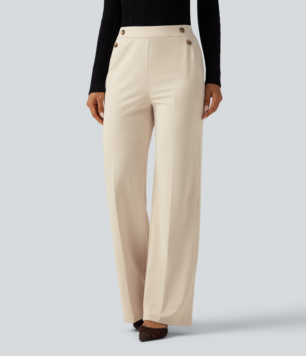 Wrinkle Recovery High Waisted Flare Work Trousers with Pockets — Oat Milk — view 3