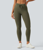 High Waisted Drawstring Contrast Mesh Quick Dry Running Leggings with Reflective Dots and Pockets — Grass Grey Green — view 3