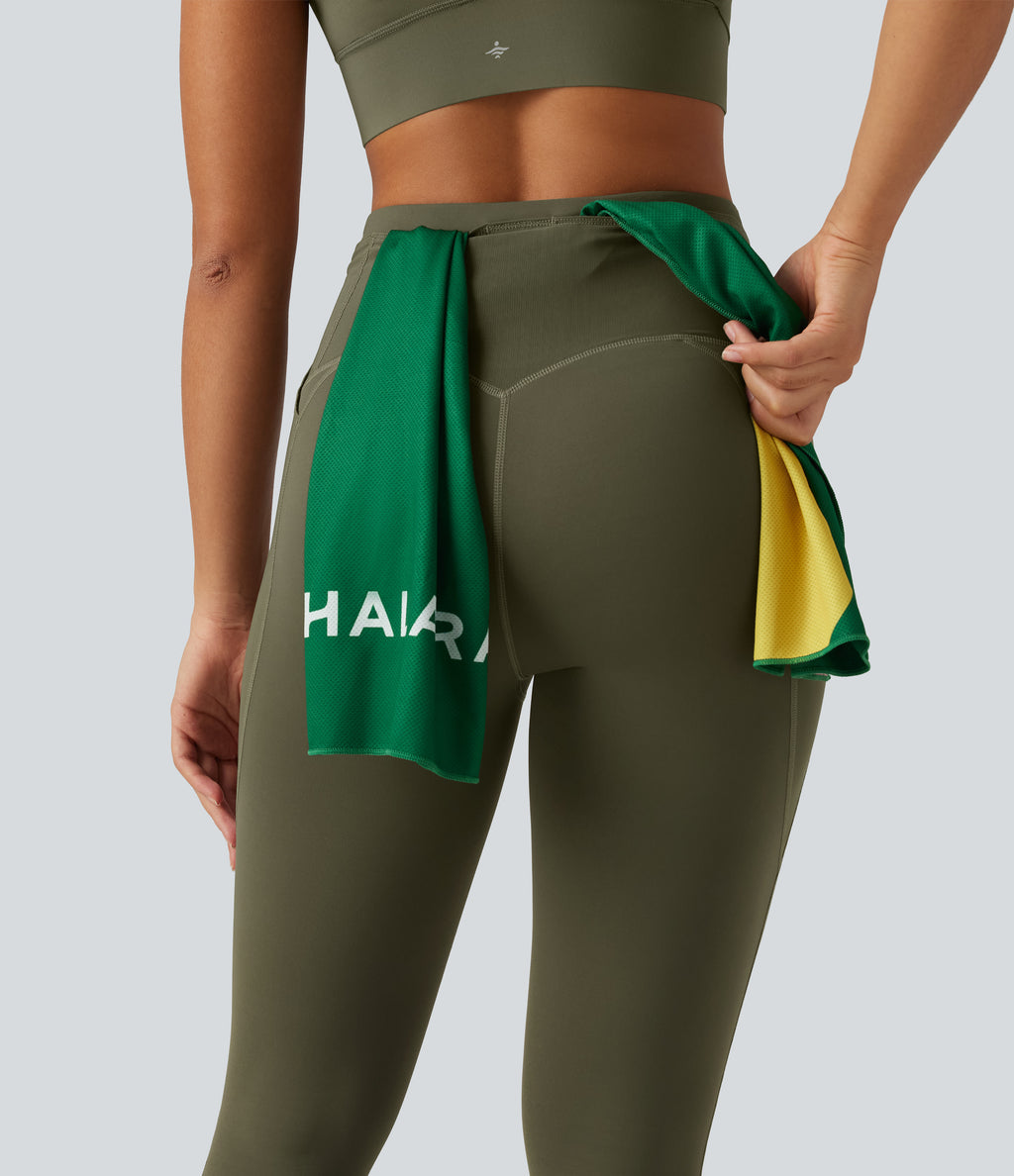 High Waisted Drawstring Contrast Mesh Quick Dry Running Leggings with Reflective Dots and Pockets — Grass Grey Green — view 6