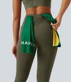 High Waisted Drawstring Contrast Mesh Quick Dry Running Leggings with Reflective Dots and Pockets — Grass Grey Green — view 6