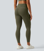 High Waisted Drawstring Contrast Mesh Quick Dry Running Leggings with Reflective Dots and Pockets — Grass Grey Green — view 2