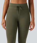 High Waisted Drawstring Contrast Mesh Quick Dry Running Leggings with Reflective Dots and Pockets — Grass Grey Green — view 4