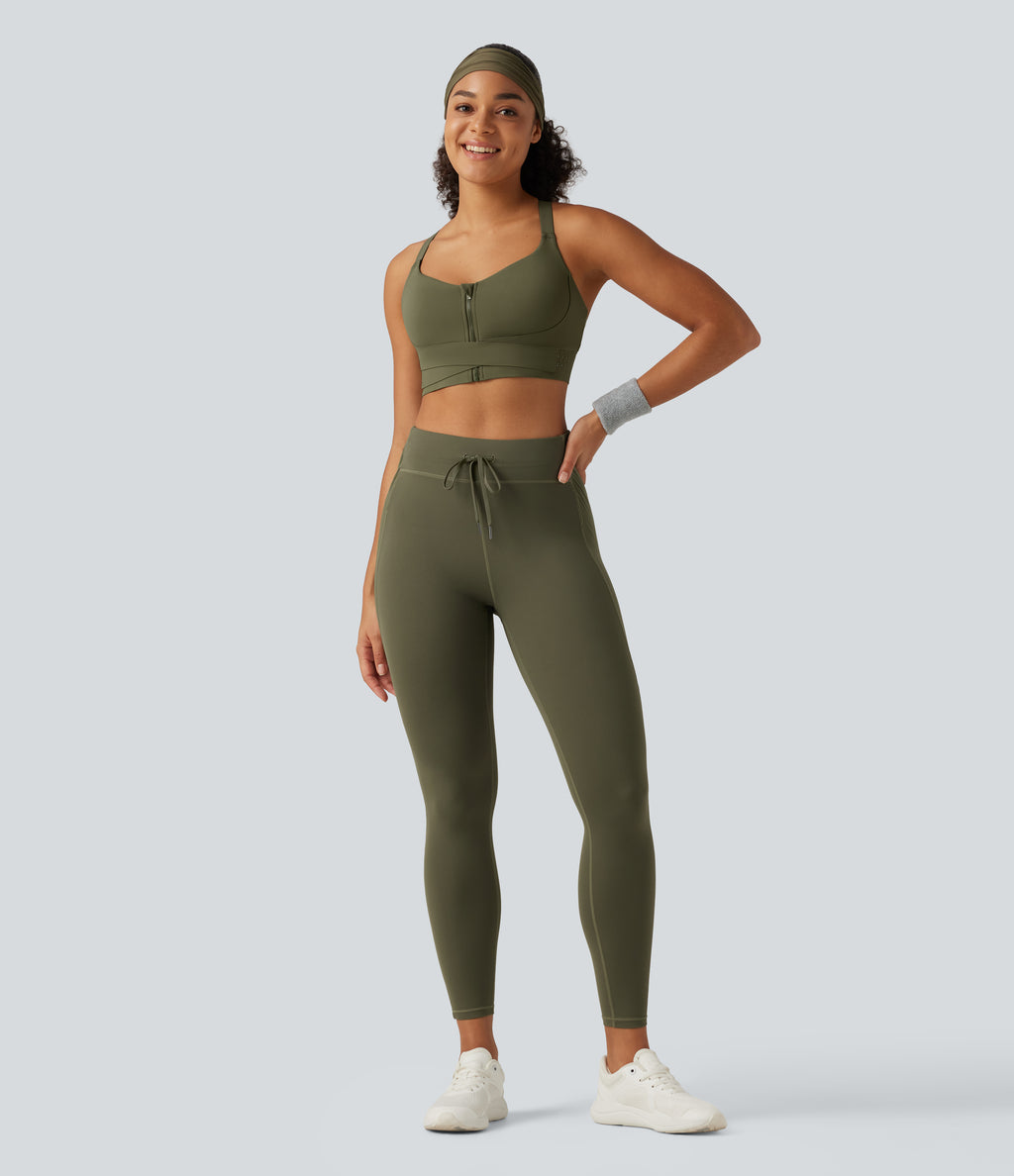 High Waisted Drawstring Contrast Mesh Quick Dry Running Leggings with Reflective Dots and Pockets — Grass Grey Green — view 8