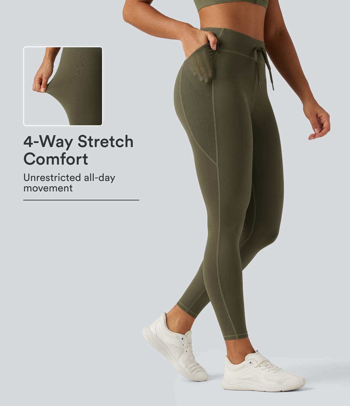 High Waisted Drawstring Contrast Mesh Quick Dry Running Leggings with Reflective Dots and Pockets — Grass Grey Green — view 1