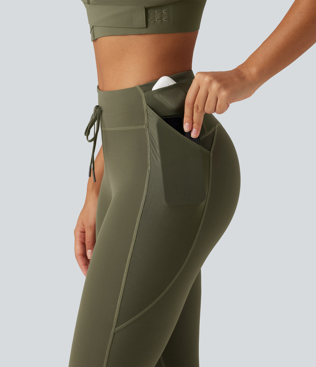 High Waisted Drawstring Contrast Mesh Quick Dry Running Leggings with Reflective Dots and Pockets — Grass Grey Green — view 5