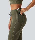 High Waisted Drawstring Contrast Mesh Quick Dry Running Leggings with Reflective Dots and Pockets — Grass Grey Green — view 5