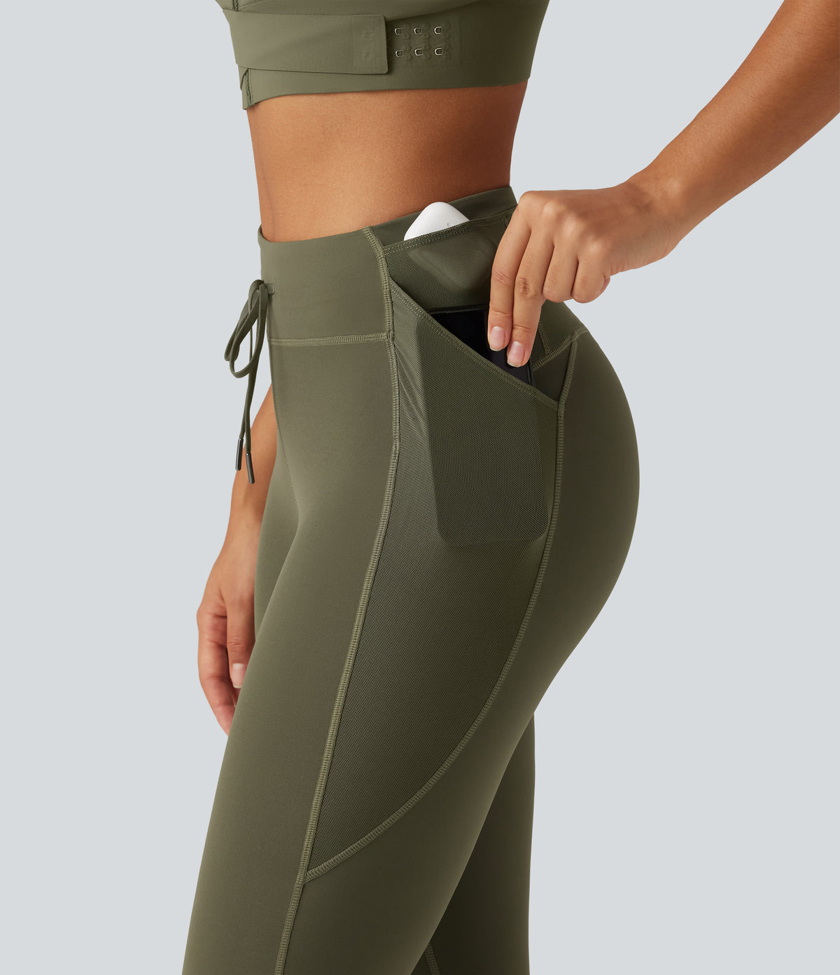 High Waisted Drawstring Contrast Mesh Quick Dry Running Leggings with Reflective Dots and Pockets — Grass Grey Green — view 5