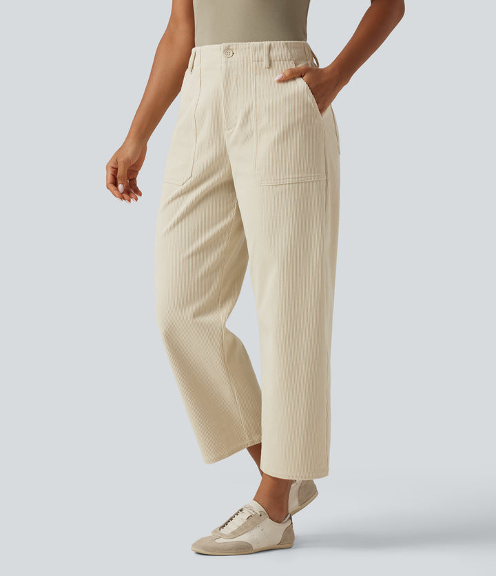 High Waisted Barrel Leg Corduroy Casual Trousers with Pockets — Cream Mist Ribbed — view 1