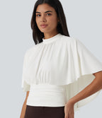 Mock Neck Batwing Short Sleeve Slim Ruched Work Blouse — White — view 1