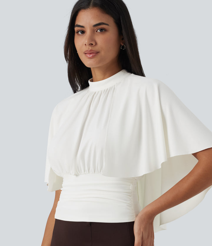 Mock Neck Batwing Short Sleeve Slim Ruched Work Blouse — White — view 1