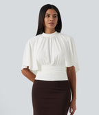 Mock Neck Batwing Short Sleeve Slim Ruched Work Blouse — White — view 4