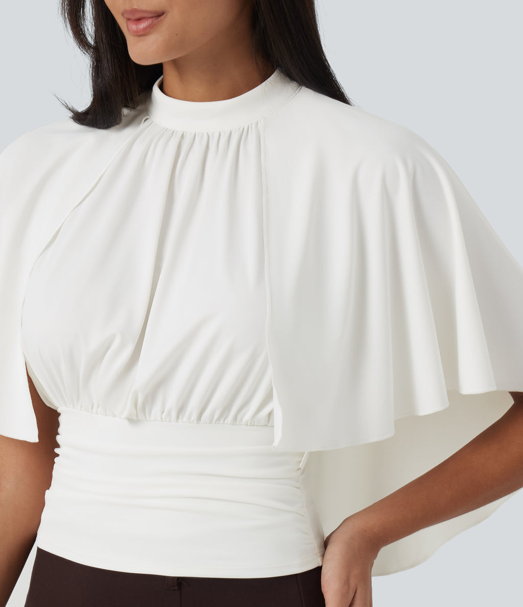 Mock Neck Batwing Short Sleeve Slim Ruched Work Blouse — White — view 6
