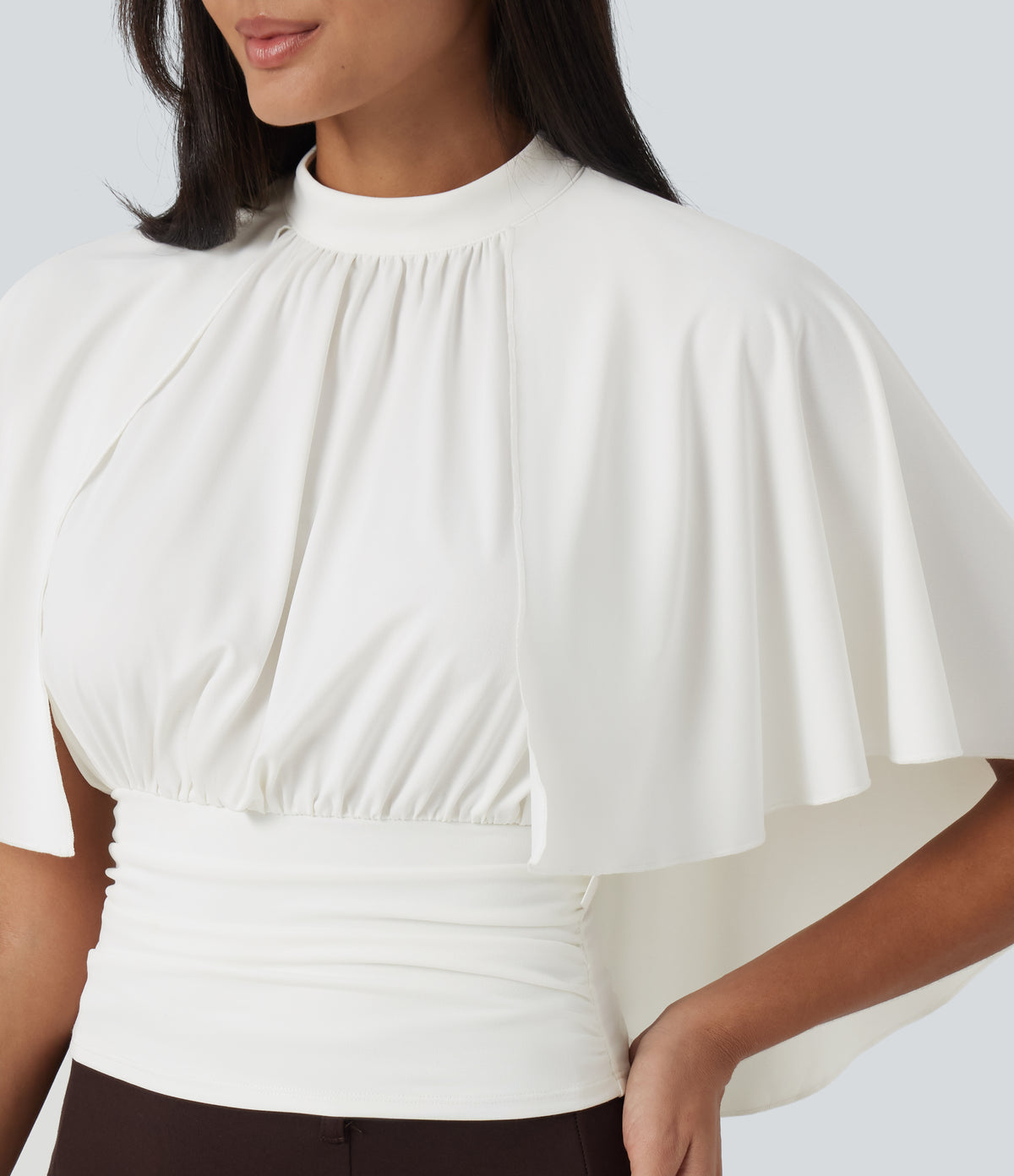 Mock Neck Batwing Short Sleeve Slim Ruched Work Blouse — White — view 6