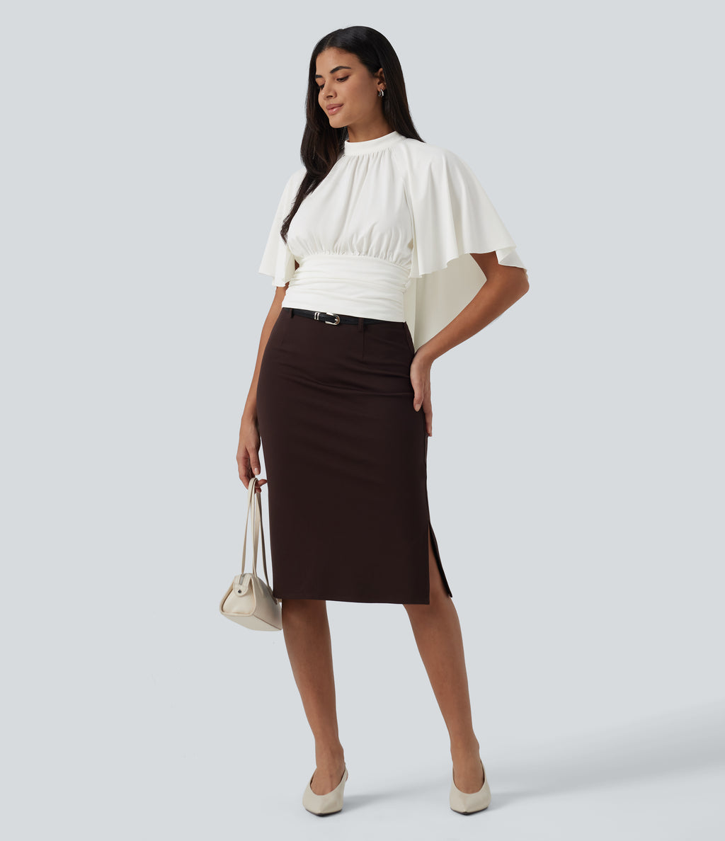 Mock Neck Batwing Short Sleeve Slim Ruched Work Blouse — White — view 7