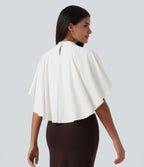 Mock Neck Batwing Short Sleeve Slim Ruched Work Blouse — White — view 2