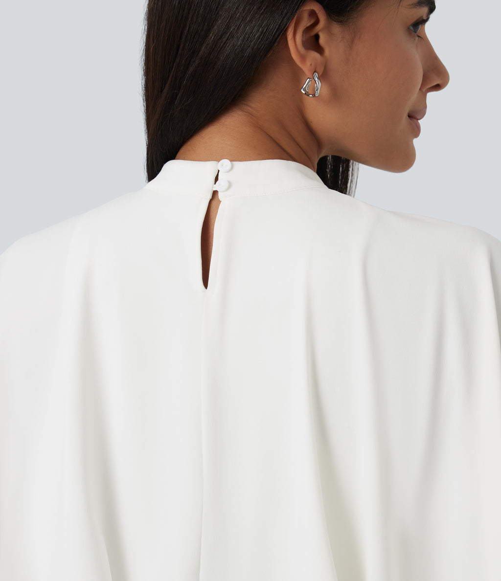 Mock Neck Batwing Short Sleeve Slim Ruched Work Blouse — White — view 5