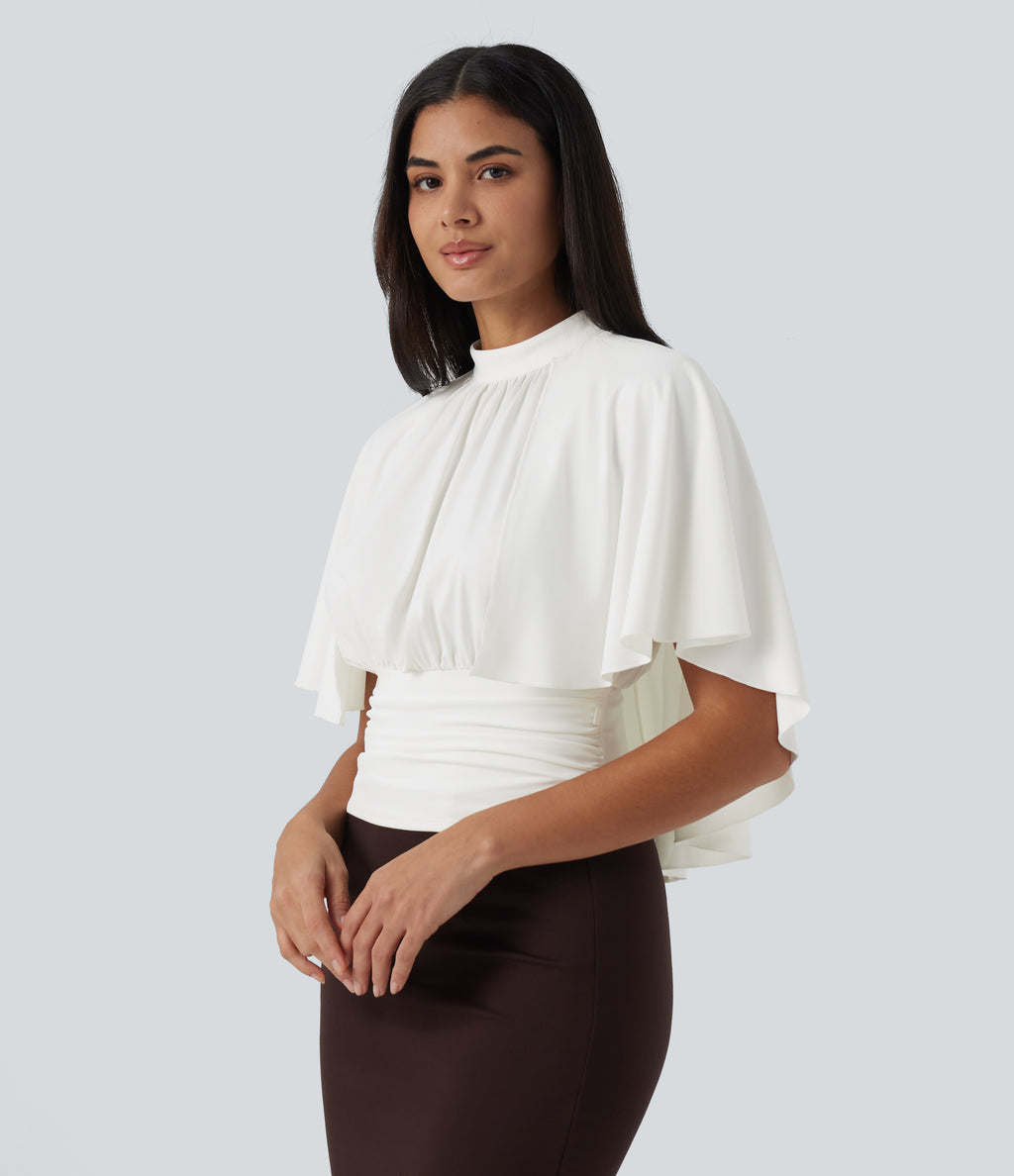 Mock Neck Batwing Short Sleeve Slim Ruched Work Blouse — White — view 3