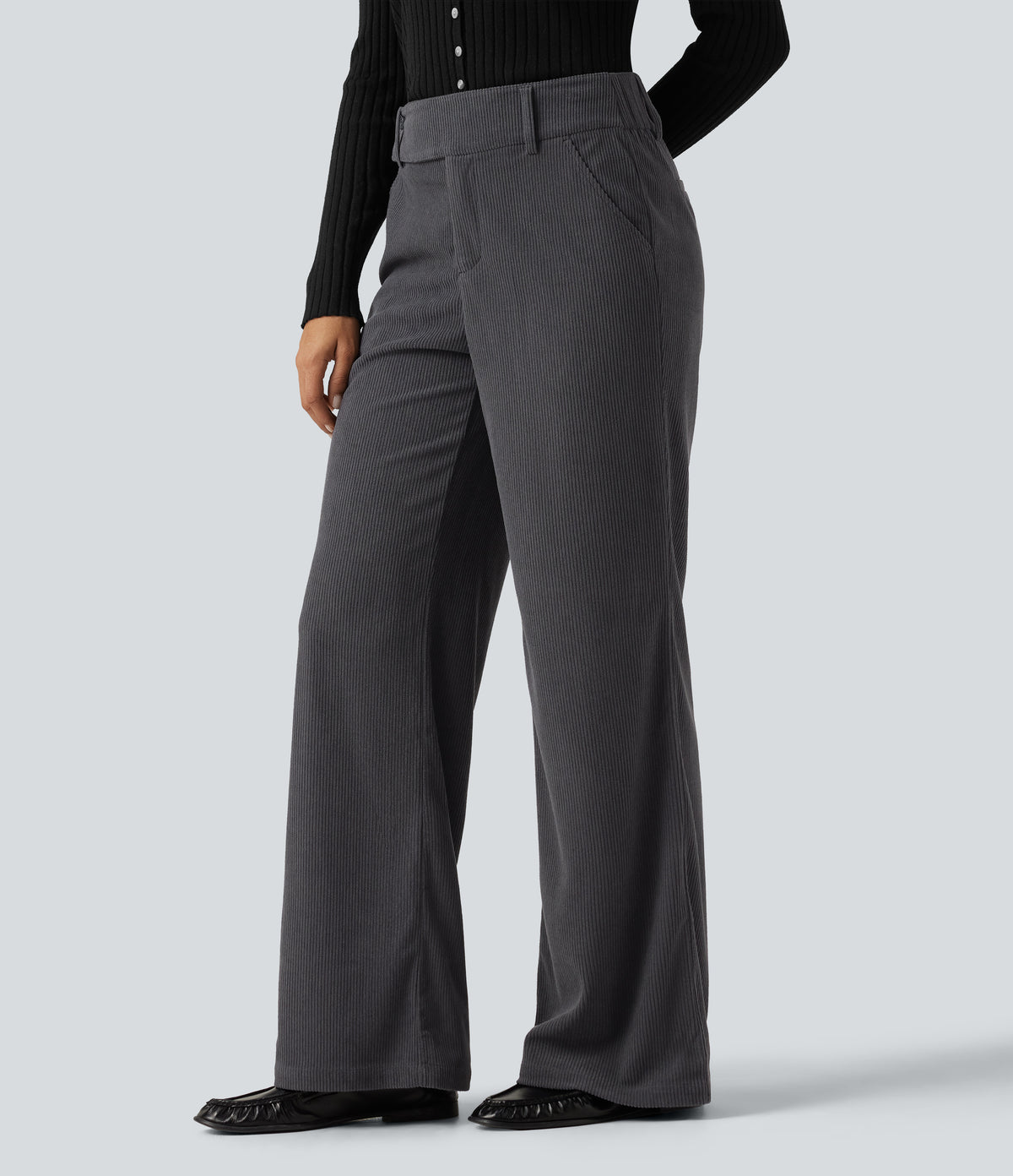 Mid Rise Corduroy Bootcut Casual Trousers with Pockets — Phantom — view 3