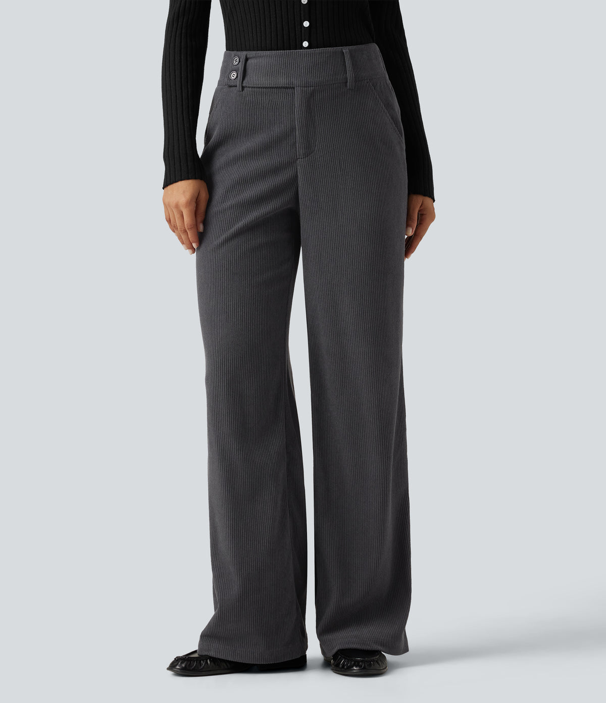 Mid Rise Corduroy Bootcut Casual Trousers with Pockets — Phantom — view 1