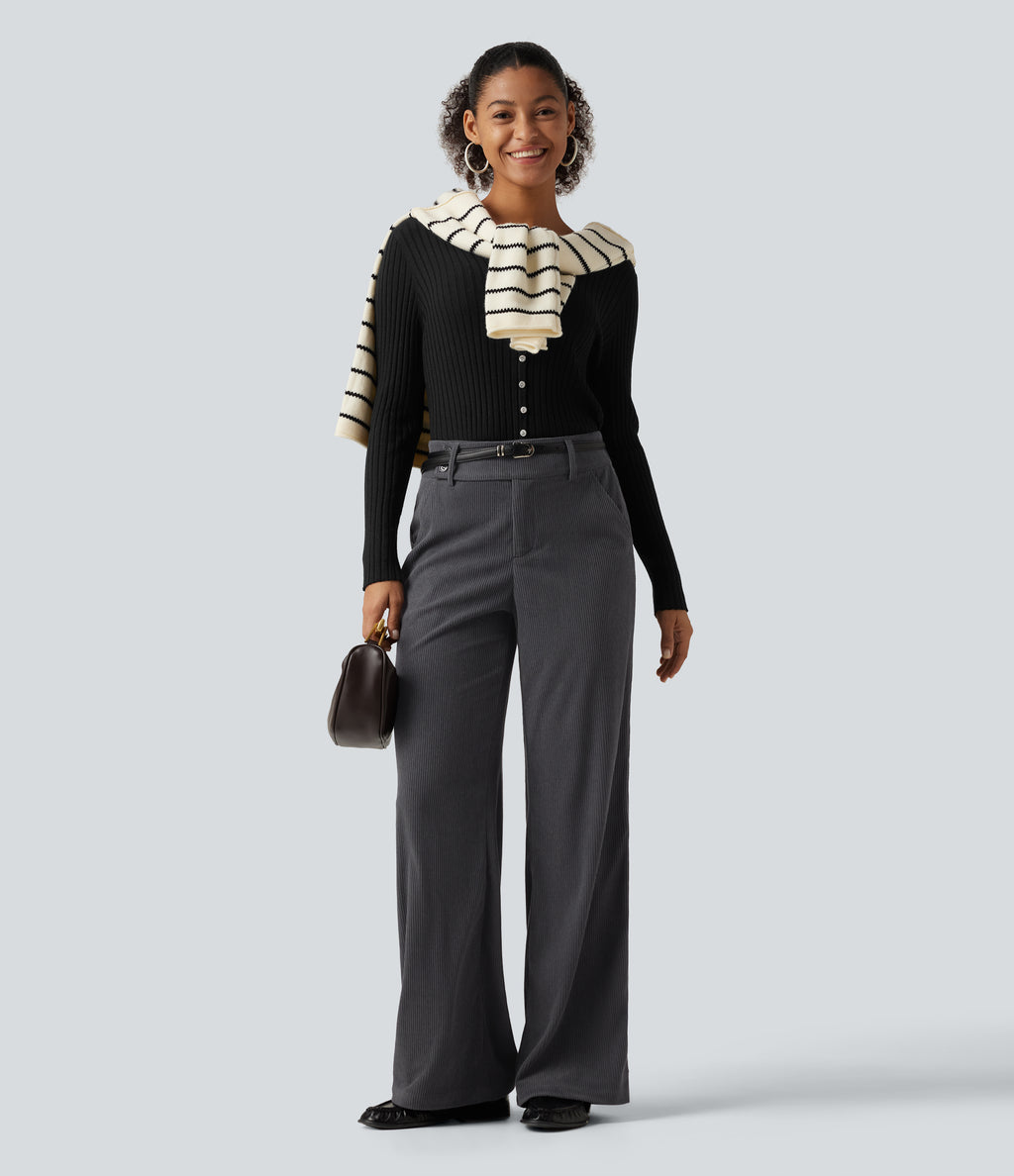 Mid Rise Corduroy Bootcut Casual Trousers with Pockets — Phantom — view 6